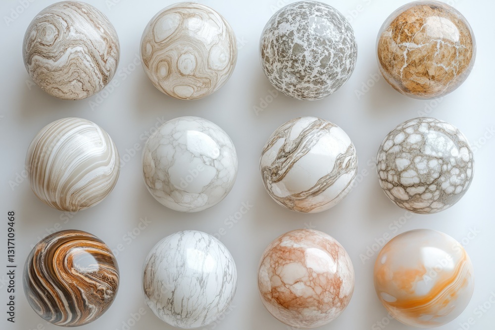Poster twelve polished marble spheres in varying colors and patterns, showcasing intricate veining and text
