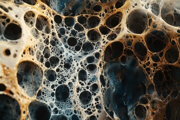 Intricate networks of interconnected cells and microorganisms .Detailed image of bubbles and soap in water, highlighting the intricate patterns and shimmering surfaces.