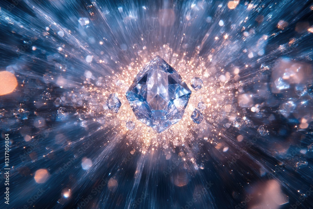 Poster a large, brilliant diamond explodes with light, surrounded by smaller diamonds and sparkling particl