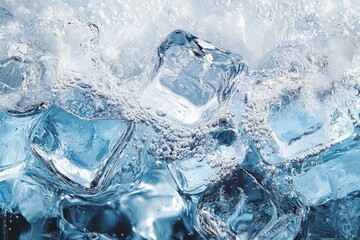 Close-up of ice cubes submerged in water, showcasing their crystalline structure and the bubbles trapped within.