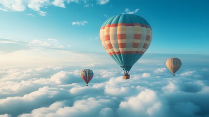 Fototapeta premium Vibrant hot air balloons float in clear blue sky with multicolored designs, drifting above fluffy clouds in serene, dreamy travel scene capturing freedom and inspirational wanderlust.