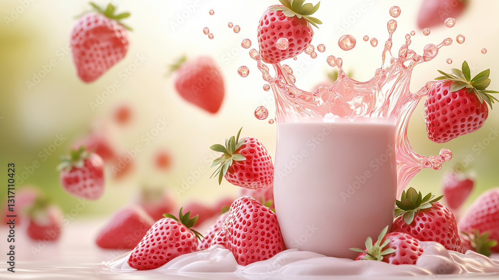 Poster sour strawberry milk splash with fresh strawberries on soft background, creating refreshing and vibr