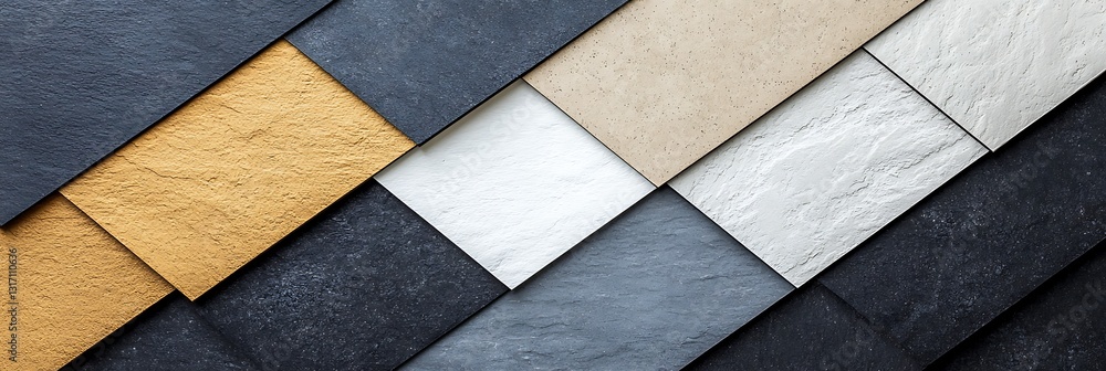 Poster a close-up view of interlocking slate tiles in various colors, showcasing texture and design for arc