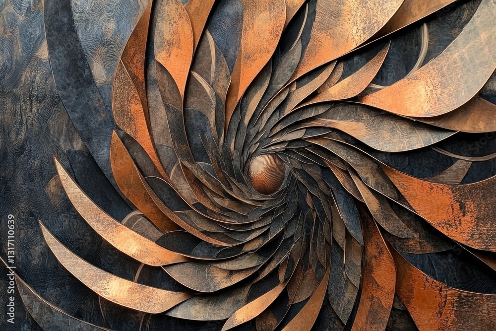 Poster intricate patterns created by overlapping blades . a large metal sculpture featuring an intricate sp