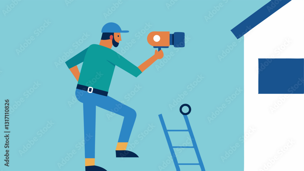 Poster mounting a smart security camera a technician is on a step stool securely mounting a smart security 