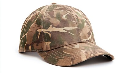 Fototapeta premium Brown and Green Camouflage Baseball Cap On White Background