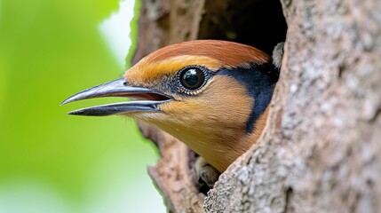 Brown and Yellow Bird in Tree Cavity Close up