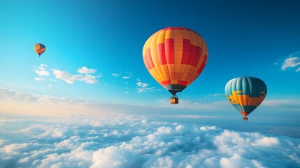 Fototapeta premium Vibrant hot air balloons float in clear blue sky with multicolored designs, drifting above fluffy clouds in serene, dreamy travel scene capturing freedom and inspirational wanderlust.