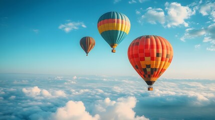 Fototapeta premium Vibrant hot air balloons float in clear blue sky with multicolored designs, drifting above fluffy clouds in serene, dreamy travel scene capturing freedom and inspirational wanderlust.