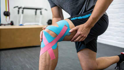 Kinesiology taping applied to man knee during rehabilitation in gym setting
