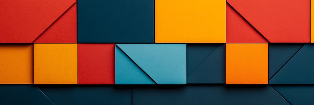 A vibrant abstract composition featuring geometric shapes in bold colors of red, yellow, blue, and teal against a dark background.