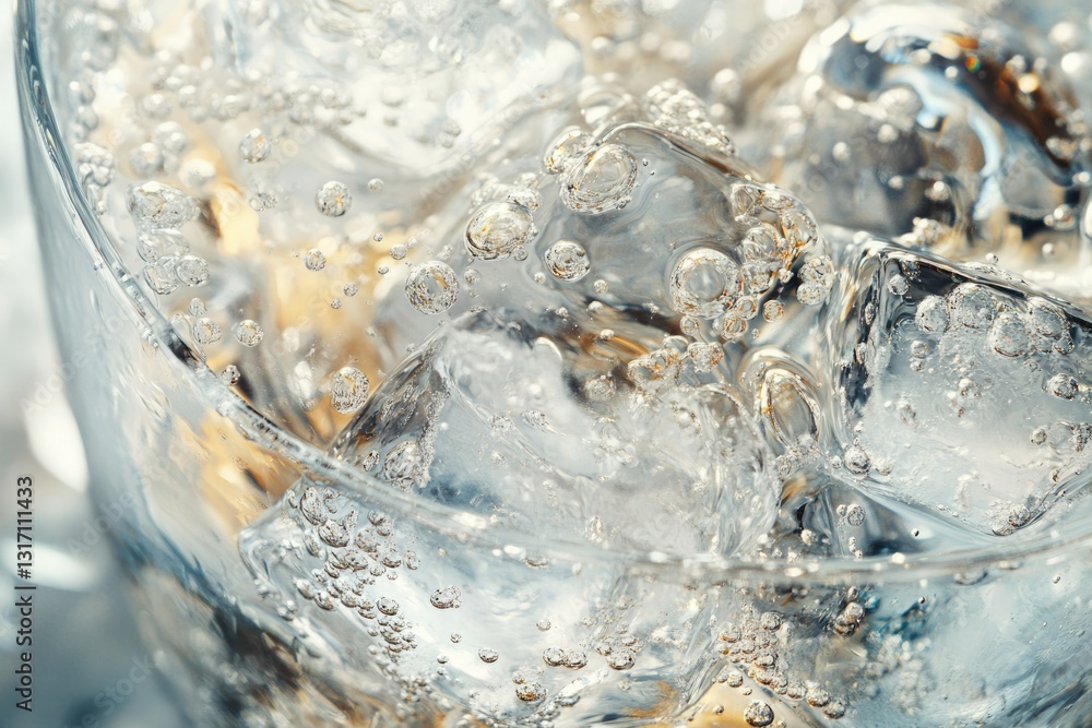 Poster close-up of sparkling water with ice cubes, showing bubbles and texture.