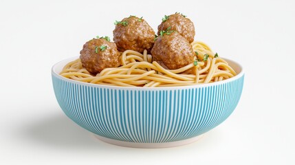 Brown Meatballs on Spaghetti in Blue and White Striped Bowl