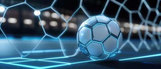 Soccer ball hitting goal futuristic stadium digital art night scene close-up sports innovation