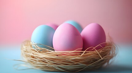 Colorful Speckled Easter Eggs in a Nest  placed on a pastel pink and blue background