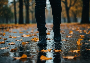Autumn Rain Walk, Boots on Wet Street with Fall Leaves, Moody Weather Scene, Footstep Splash in Puddle, Detailed image capturing the motion of walking on a rain soaked path with water splashing around