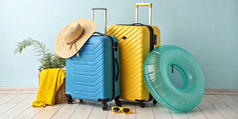 Bright and Cheerful Vacation Scene with Luggage, Hat, and Beach Accessories, Generative AI