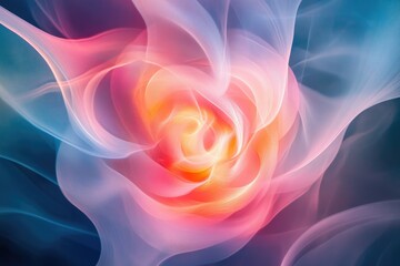 Obraz premium Abstract art depicting swirling, translucent fabrics in shades of pink, orange, and blue, creating a rose-like form.