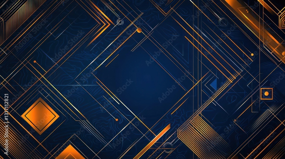 Poster abstract digital geometric background with blue and orange lines and shapes displaying technology co