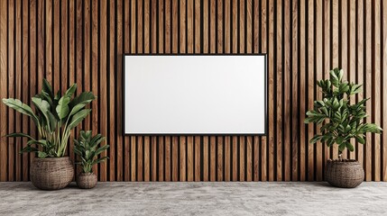 A modern interior featuring a wooden wall, blank frame, and potted plants, creating a minimalist and serene atmosphere.