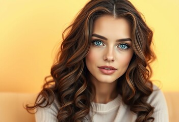 Naklejka premium Female portrait on warm pastel background