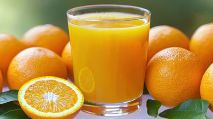 A refreshing glass of orange juice sits among fresh oranges, showcasing vibrant colors and a healthy beverage choice.
