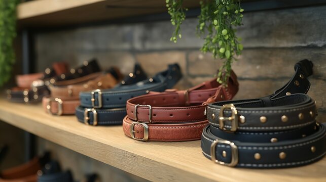 Selection of dog collars displayed on wooden shelves in a retail store