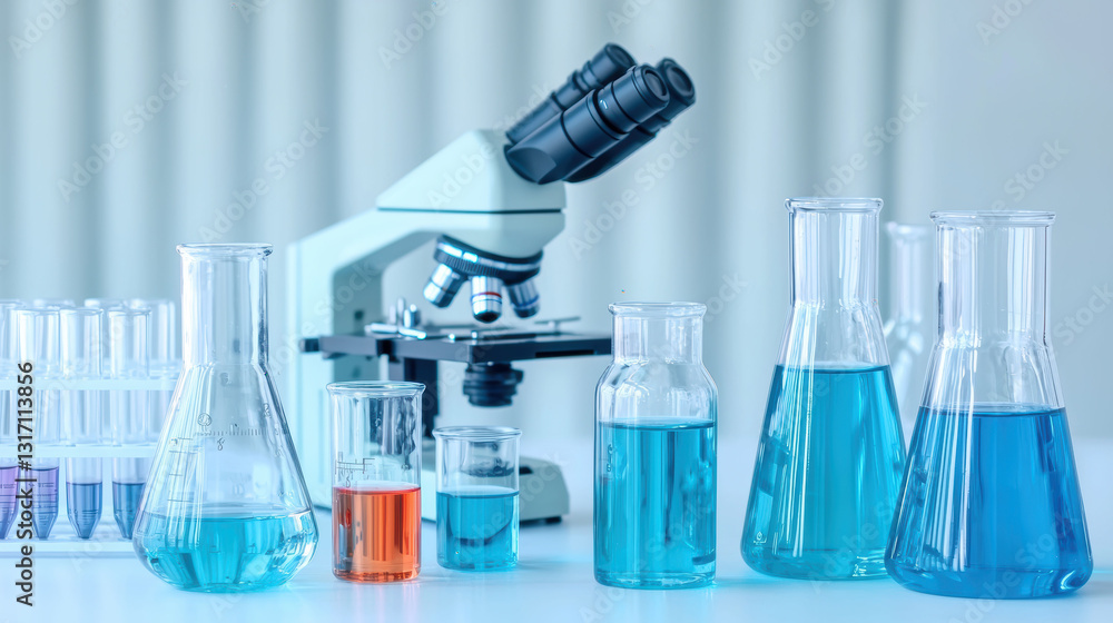 Poster a laboratory setup featuring a microscope and various glass flasks with colorful liquids, showcasing