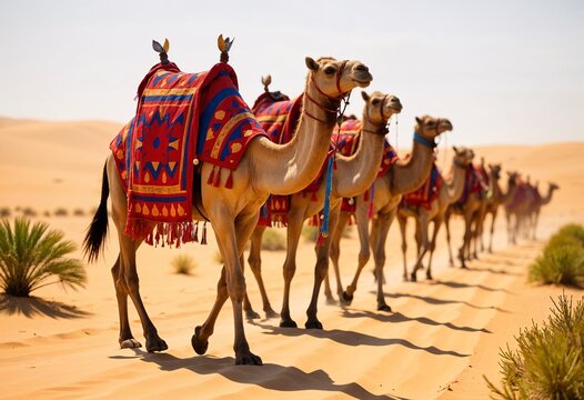 Colorful Camels in Desert Parade with Traditional Decorations Celebrating Culture, Travel, and Adventure Outdoors
