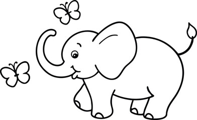 Adorable Chubby Baby Elephant Playing with Butterflies  Cute Wildlife Silhouette Icon Set.