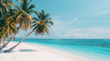 Fototapeta premium A serene beach scene featuring palm trees, white sand, and clear blue waters under a bright sky, evoking a tropical paradise.