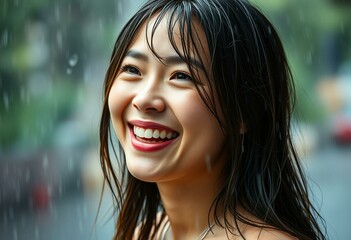 Fototapeta premium Female portrait under heavy rain