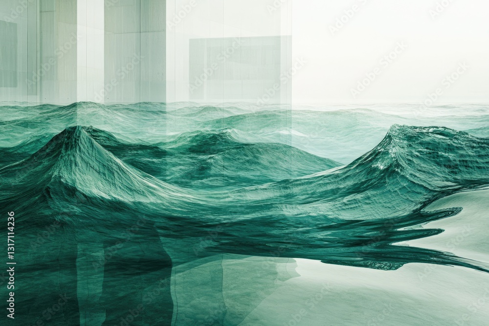 Aufkleber abstract image of teal ocean waves layered over a translucent building structure.