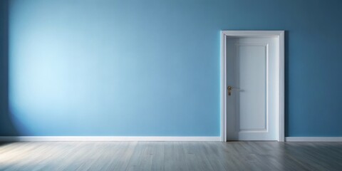 A serene, minimalist interior featuring a light blue wall and a closed white door, set against a pale wood floor, ideal for design and home decor projects.