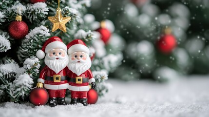 Two cheerful Santa figurines stand beside a decorated Christmas tree, surrounded by snow and festive ornaments.