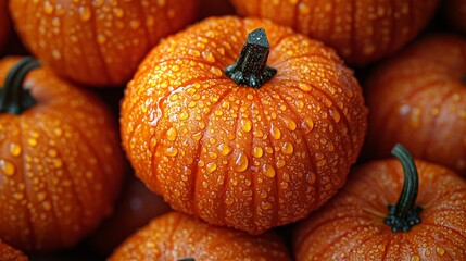 vegetable concept. Bright orange pumpkins with water droplets, clustered together, showcasing their textured skin and vibrant color.