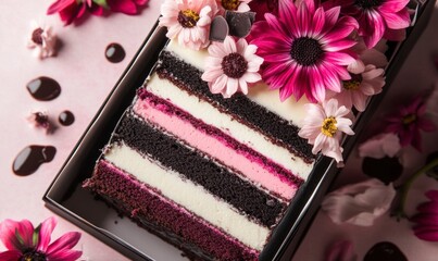 Delicious Layered Cake Slice with Flowers in a Box Presentation