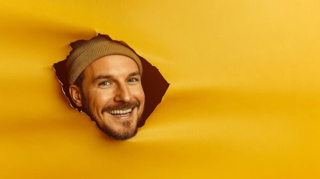 Smiling man peeking through a bright yellow backdrop in a playful and creative moment of expression
