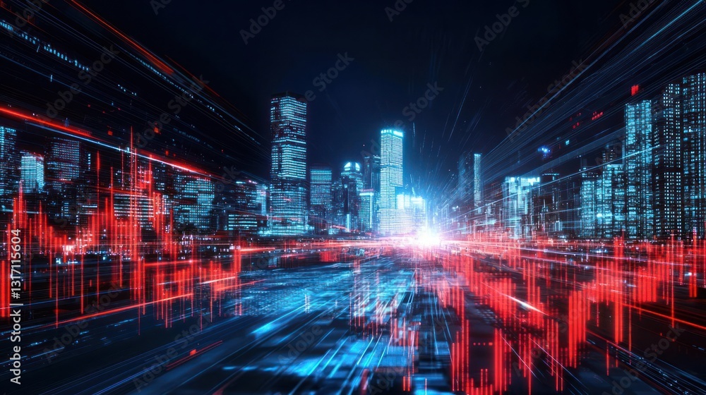 Poster futuristic cityscape illuminated with digital data flow and red lines