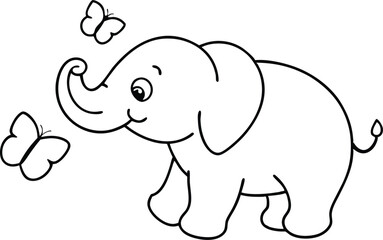 Fototapeta premium Adorable Chubby Baby Elephant Playing with Butterflies Cute Wildlife Silhouette Icon Set.