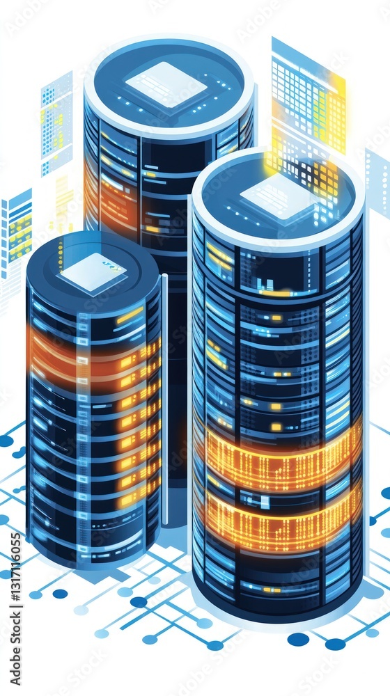 Poster isometric illustration of data server towers with digital interface elements and glowing effects on 