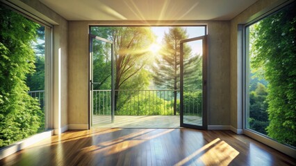 Fototapeta premium Sunlit Interior Room with Expansive Views of Lush Greenery Through Open Doors and Windows
