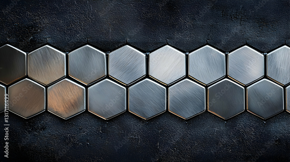 Poster dark metallic hexagonal pattern on grunge industrial background with subtle light and shadow detail