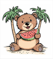 Cute cartoon bear is holding a watermelon. stock illustration