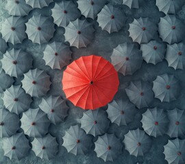 3D render of a red umbrella among grey umbrellas from above, symbolizing uniqueness and difference in a crowd.