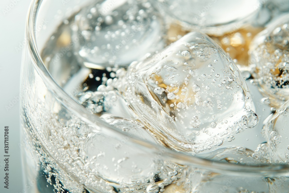 Poster close-up of sparkling water with ice cubes, showcasing bubbles and refreshing texture.