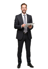 A woman in office attire holding a tablet, presenting with a bright smile, isolated