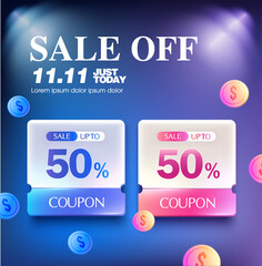 3d coupon books template with colorful coins flying around, coupon code and price off. Gift voucher shopping poster in 3d vector. Vector illustration