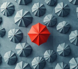 "Stand Out Leadership Concept – 3D Render of One Red Umbrella Among Grey, Top View on White Background"