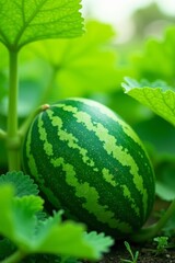 Close-up of healthy watermelon plant with large fruit in sunlight, sunlight, botanical, healthy eating